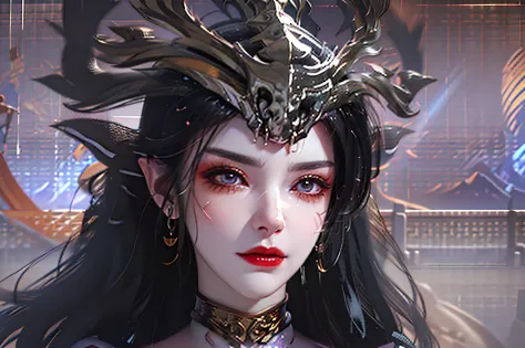 1 Very beautiful Queen Medusa wearing Hanfu, Thin red silk shirt multi-piece set, Black lace top, the crown on her head, Long ha...
