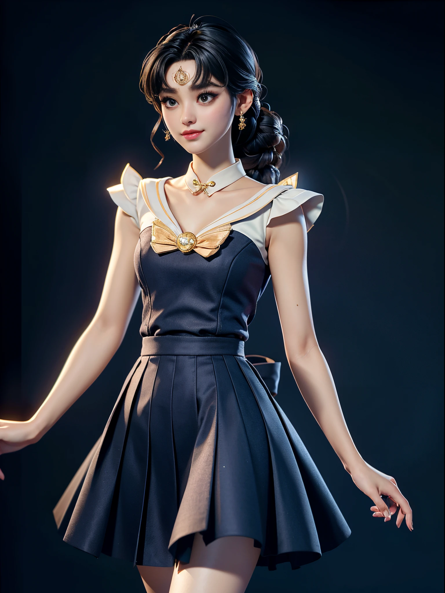 （Elegant Sailor Moon）。a skirt。tmasterpiece, Best quality at best:1.2),(8K,A high resolution,RAW photogr,actual,realistically:1.3),(Detailed skin texture,The texture of the fabric  delicate,beautiful  detailed face:1.25)。with black background。