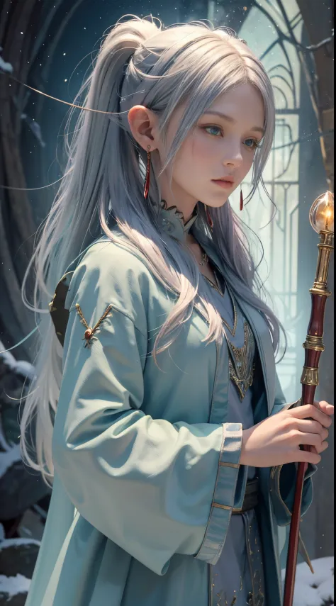 FrierenWinter, 8k, best quality, highres, realistic, real person, A wizard character with silver ponytail hair, earrings, and a ...