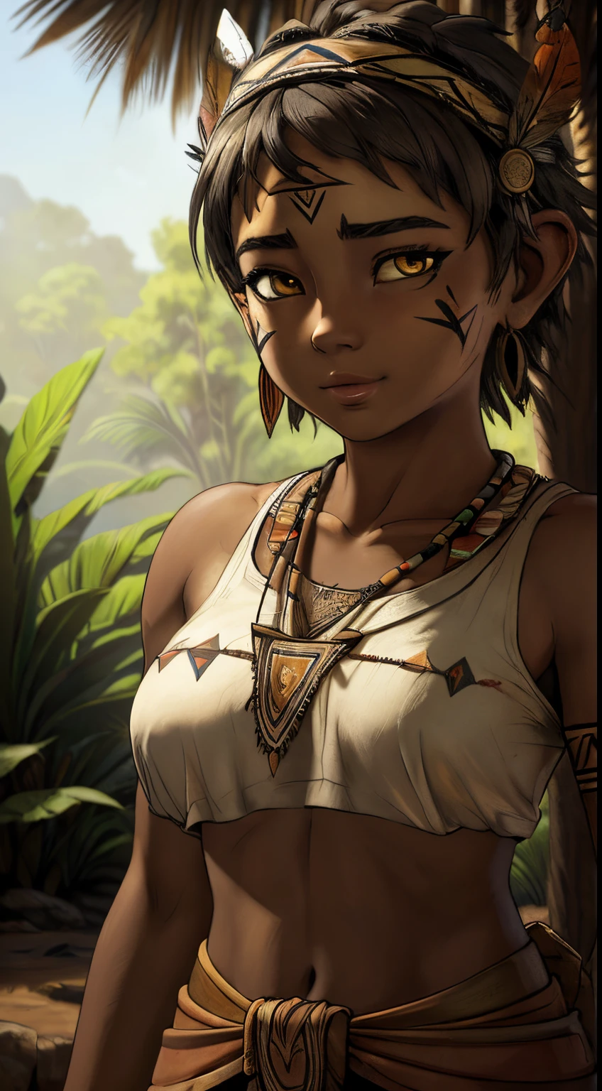 ((ultra quality)), ((tmasterpiece)), young girl shaman, ((white-gray very short hair)), (Tribal feather decorations on the head), (Beautiful cute face), (beautiful female lips), Charming, ((aroused expression)), looks at the camera with a gentle smile, eyes are slightly closed, (Tribal white face paint with triangles on the cheeks), (skin color dark), Body glare, потное, ((detailed beautiful female eyes)), ((large dark yellow eyes)), (juicy female lips), (beautiful female hands), ((perfect female figure)), perfect female body, Beautiful waist, gorgeous big thighs, beautiful breasts, ((Subtle and beautiful)), stands on a totem in the form of a yellow owl, (wearing a white aboriginal skirt, white aboriginal top, Aboriginal jewelry on the neck on the legs on the arms) background: Jungle, aboriginal village, ((Depth of field)), ((high quality clear image)), (crisp details), ((higly detailed)), Realistic, Professional Photo Session, ((Clear Focus)), the anime