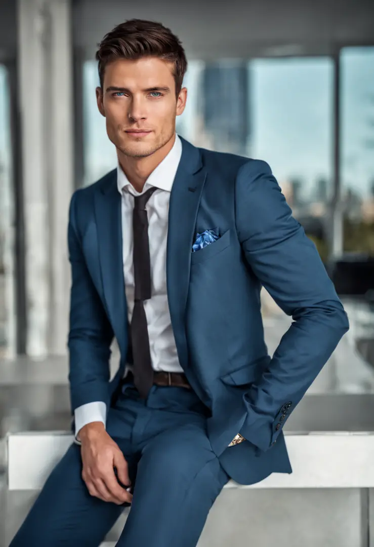 european young man,beautiful detailed blue eyes,dark short hair,dark suit,confident expression,sharp jawline,vibrant skin,smilin...