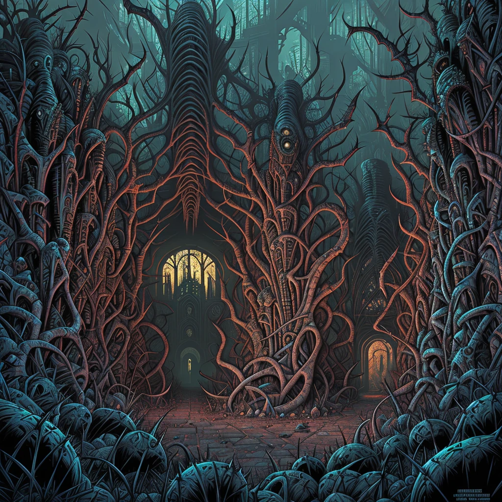 horror art landscape, a valley of biomechanicals structures, futurist horror place, spiked walls, madness, thorns, unreal engine. Horror art, unreal sketch color drawing. Illustration by Dan Seagrave