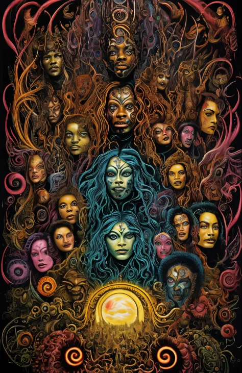 a painting of a group of people with faces painted on them, poster art, by Leo and Diane Dillon, trending on zbrush central, psychedelic art, lovecraftian eldritch horror, donnie darko, esteban maroto, sorayama. occult art, puṣkaracūḍa, in the movie dune, ...