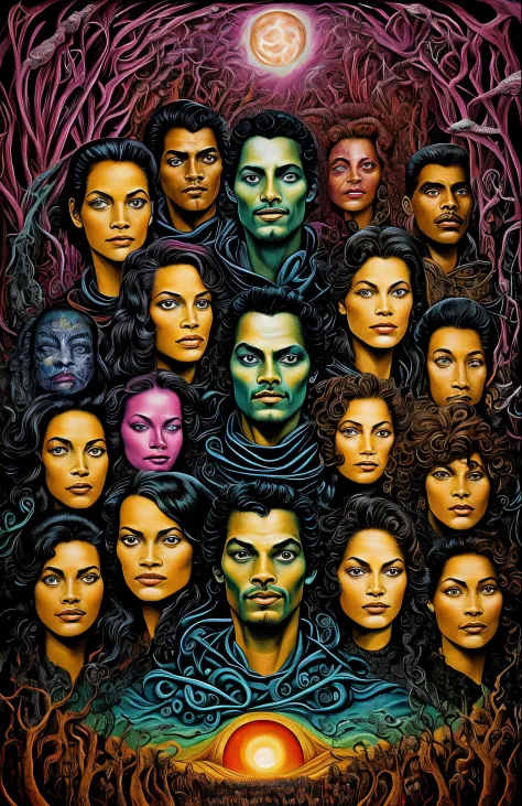 a painting of a group of people with faces painted on them, poster art, by Leo and Diane Dillon, trending on zbrush central, psychedelic art, lovecraftian eldritch horror, donnie darko, esteban maroto, sorayama. occult art, puṣkaracūḍa, in the movie dune, ...