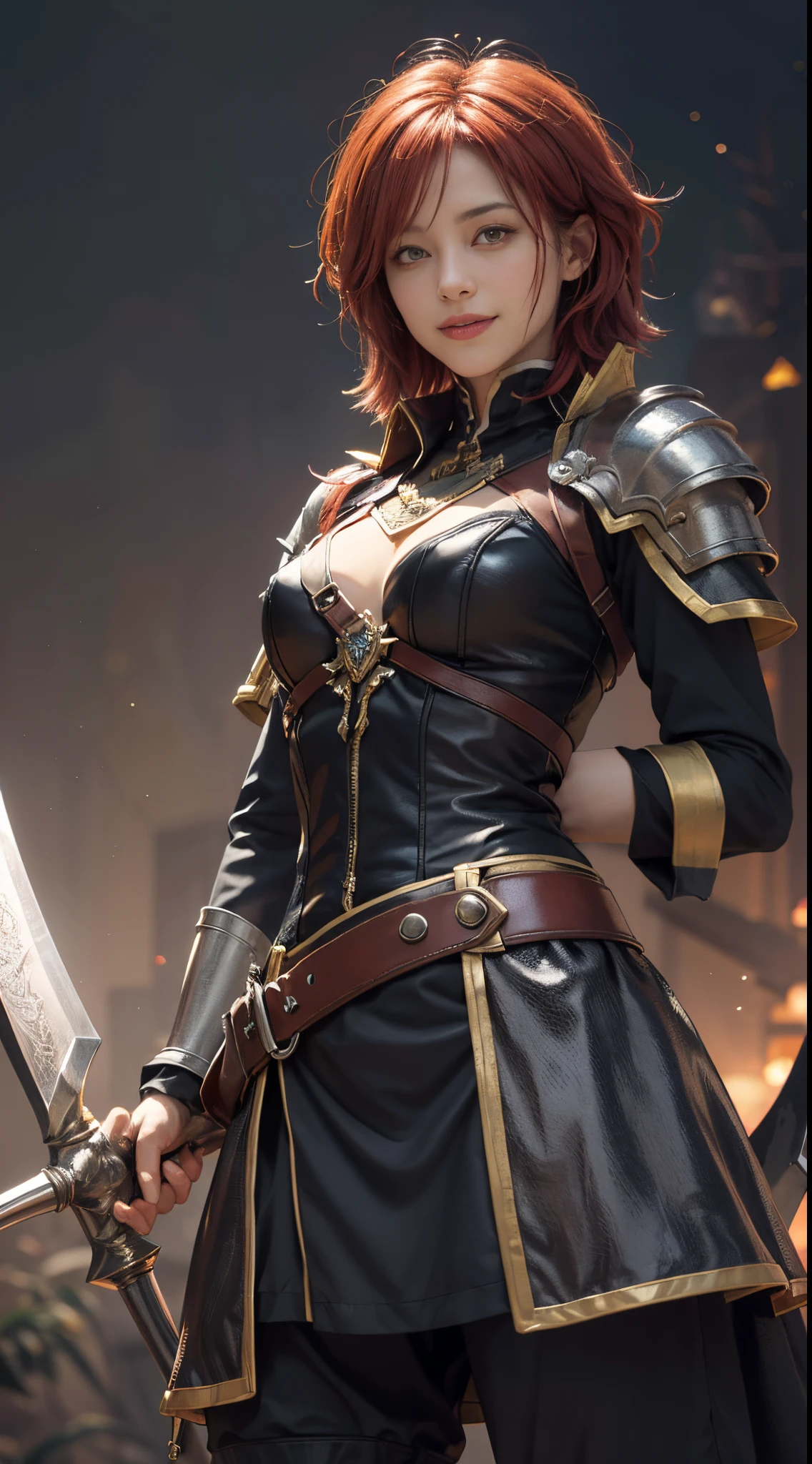 StarkFrieren, 8k, best quality, highres, realistic, real person, A warrior facing a demon lord, more lightly armored this time, with a mischievous, cunning smile. The warrior has short red hair and wields a large, ornately decorated axe. The setting is a fantasy battleground. The warrior's pose is more relaxed and sly, reflecting their crafty personality. The background includes magical effects and a dark, ominous atmosphere, emphasizing the ongoing battle.