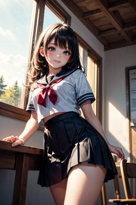 Very cute and beautiful girl,(very detailed beautiful face and eyes:1.2),
Smile,Sailor School Uniform,(Mini skirt),(Cowboy Shot),(From below),Black hair,Dynamic Pose,Beautiful legs,
Wooden Classroom,window,Distant trees々Yamori,
(Best Quality,masutepiece:1....