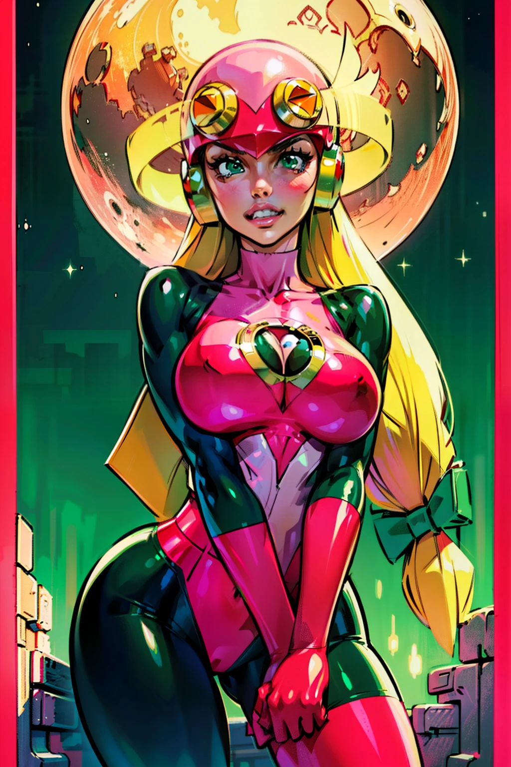 Waifu, masterpiece, curvy, breasts, moon, full moon, gloves, 1girl, clenched teeth, cleavage, large roll_exe_megamanbn,(helmet),blonde hair,long hair,leotard,green eyes,pink bodysuit,bodysuit,, breasts, teeth, ((roll_exe:1.2)), rating:explicit,rule34, , ,clenched hands, night, sky, ((pink bodysuit:1.4)),(white skin:1.4), clenched hand, rating:questionable, (((long blonde hair:1.5))), solo, angry, lip biting, official illustration, illustration, detailed face, beautiful intricate eyes, curvy milf, 1:2), closeup, titsnipples