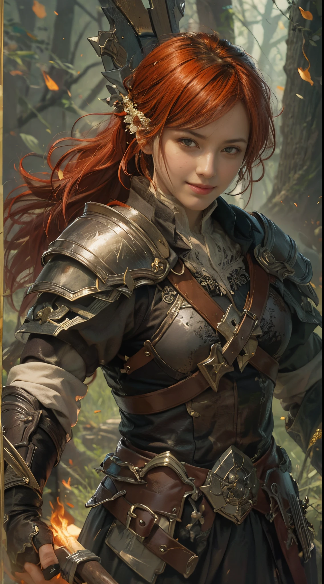8k, best quality, highres, realistic, real person, A warrior facing a demon lord, more lightly armored this time, with a mischievous, cunning smile. The warrior has short red hair and wields a large, ornately decorated axe. The setting is a fantasy battleground. The warrior's pose is more relaxed and sly, reflecting their crafty personality. The background includes magical effects and a dark, ominous atmosphere, emphasizing the ongoing battle. StarkFrieren
