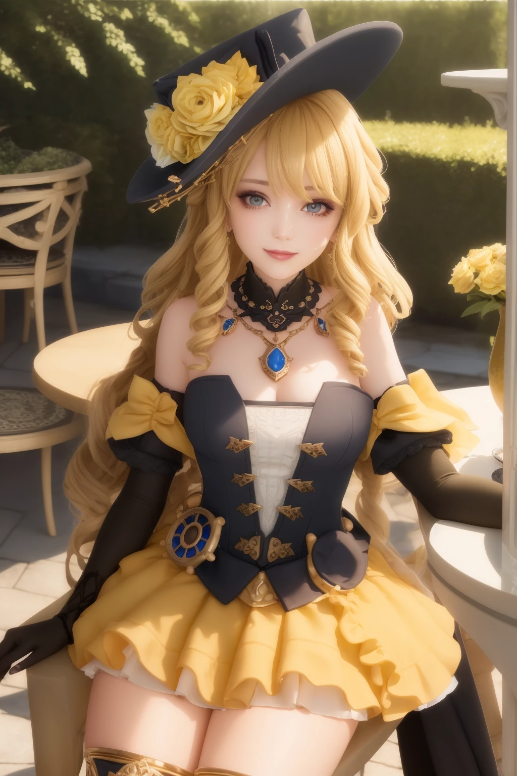 Best quality at best, tmasterpiece, (actual:1.2), 1girl, navia \(genshin impact\) ((yellow curly hair)), hat, thigh boots, detached sleeves, single glove, strapless dress, detached collar, waist cape, necklace, jewelry, looking at viewer, smile, cowboy shot, sitting, garden, outdoors, depth of field, table, chair, macaron, cake