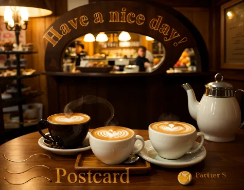 there  a postcard with a picture of a cup of aromatic cappuccino and a plate of delicious dessert, (coffee steam:1,2), stand for coffee and dessert on a wooden tray, Happy!!!, Morning coffee, ƒ/3.5, ƒ / 3. 5, ƒ/2.5, ƒ / 2. 5, Good afternoon, Day, subdued t...
