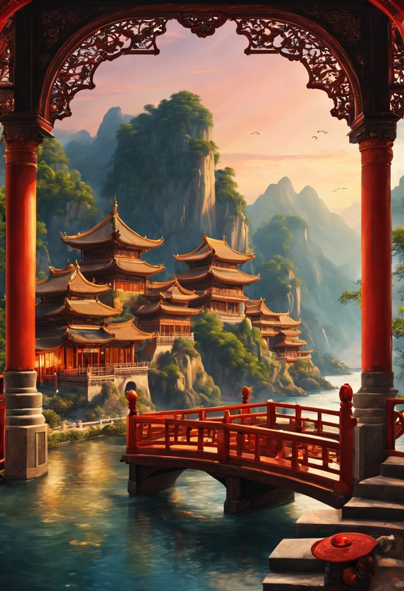 chinese theme, travel, (lovely postcards:1.2), stamp, ornate frames, reality, intricate, (best quality, masterpiece, Representative work, official art, Professional, unity 8k wallpaper:1.3)