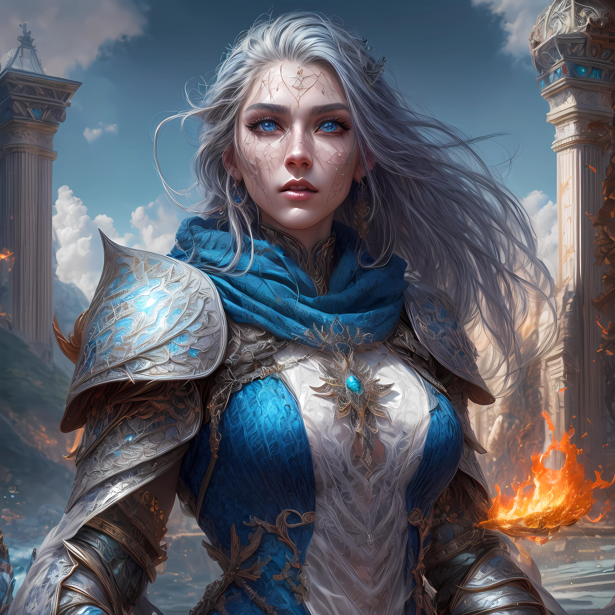concept art, wide shot, (masterpiece:1.3), full body intense details, highly detailed, photorealistic, best quality, highres, portrait of a  human female (fantasy art, Masterpiece, best quality) (blue skin: 1.3), intense details facial detail fantasy art, Masterpiece, best quality)cleric,  (blue skin: 1.3) (bold: 1.2), intense green eye, fantasy art, Masterpiece, best quality) armed a fiery sword red fire, wearing heavy white half plate mail armor LnF wearing high heeled laced boots, wearing a blue cloak within fantasy temple near river background and sun and clouds, reflection light, high details, best quality, 16k, [ultra detailed], masterpiece, best quality, (extremely detailed), dynamic angle, ultra wide shot, photorealistic, RAW, fantasy art, dnd art, fantasy art, realistic art,