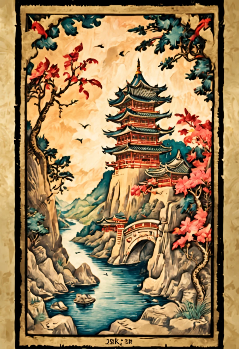 chinese theme, (lovely postcards:1.2), stamp, ornate frames, woodcut, intricate, (best quality, masterpiece, Representative work, official art, Professional, unity 8k wallpaper:1.3)