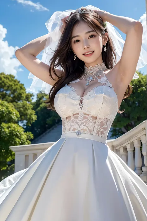 ((8K、​masterpiece、RAW Photos、Live action、best qualtiy、A hyper-realistic：1.2))、(Highest Quality: 1.2)、high-definition RAW color photography、Professional Photography、Beautuful Women、独奏、Detailed eyes and mouth、(large boob:1.2)、(Beautiful Wedding Dresses:1.3)、...