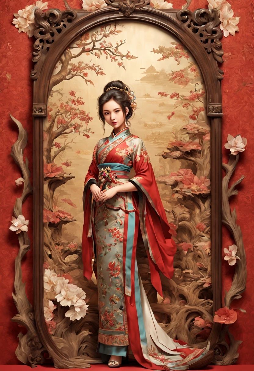 chinese theme, (lovely postcards:1.2), Young Xia, fightdress, stamp, ornate frames, wood art, intricate, (best quality, masterpiece, Representative work, official art, Professional, unity 8k wallpaper:1.3)