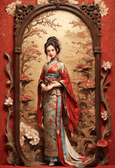 chinese theme, (lovely postcards:1.2), Young Xia, fightdress, stamp, ornate frames, wood art, intricate, (best quality, masterpi...