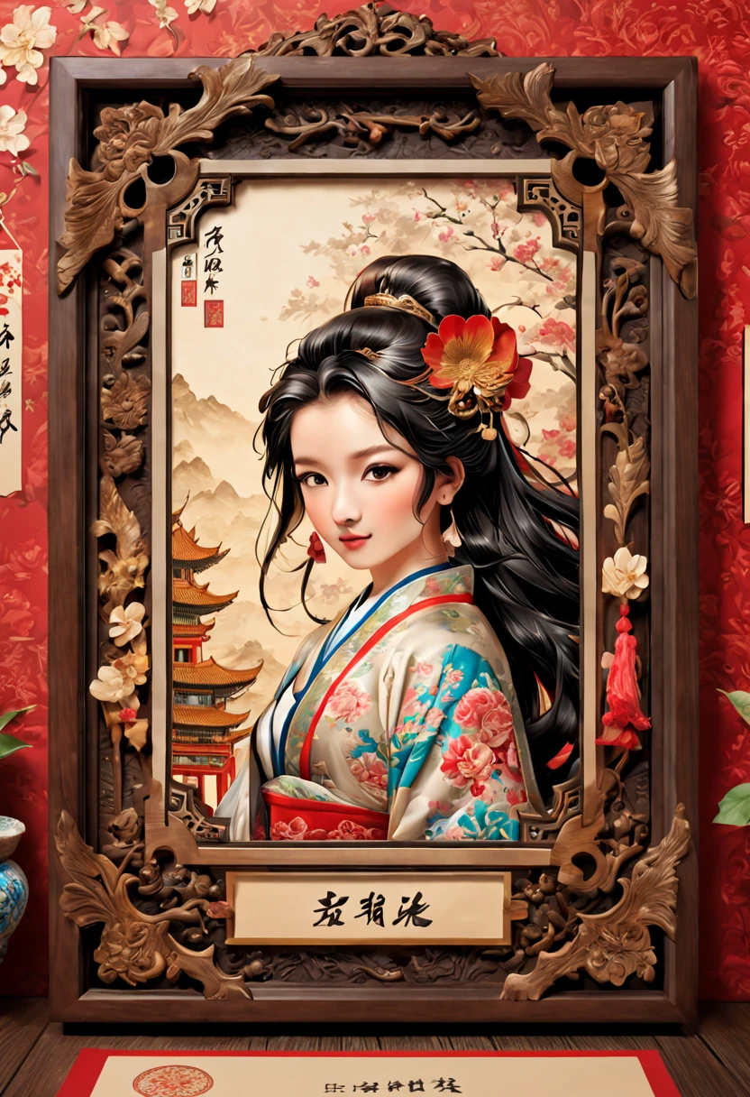 chinese theme, (wood postcard design:1.2), stamp, ornate frames, intricate, (best quality, masterpiece, Representative work, official art, Professional, unity 8k wallpaper:1.3), Young Xia