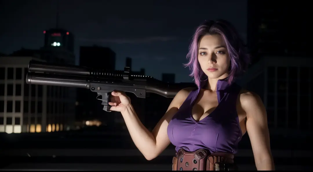 1girl, short hair, purple hair, multicolored hair, purple eyes, purple dress, belt, at night, rooftop, scyscraper, sniper riffle...