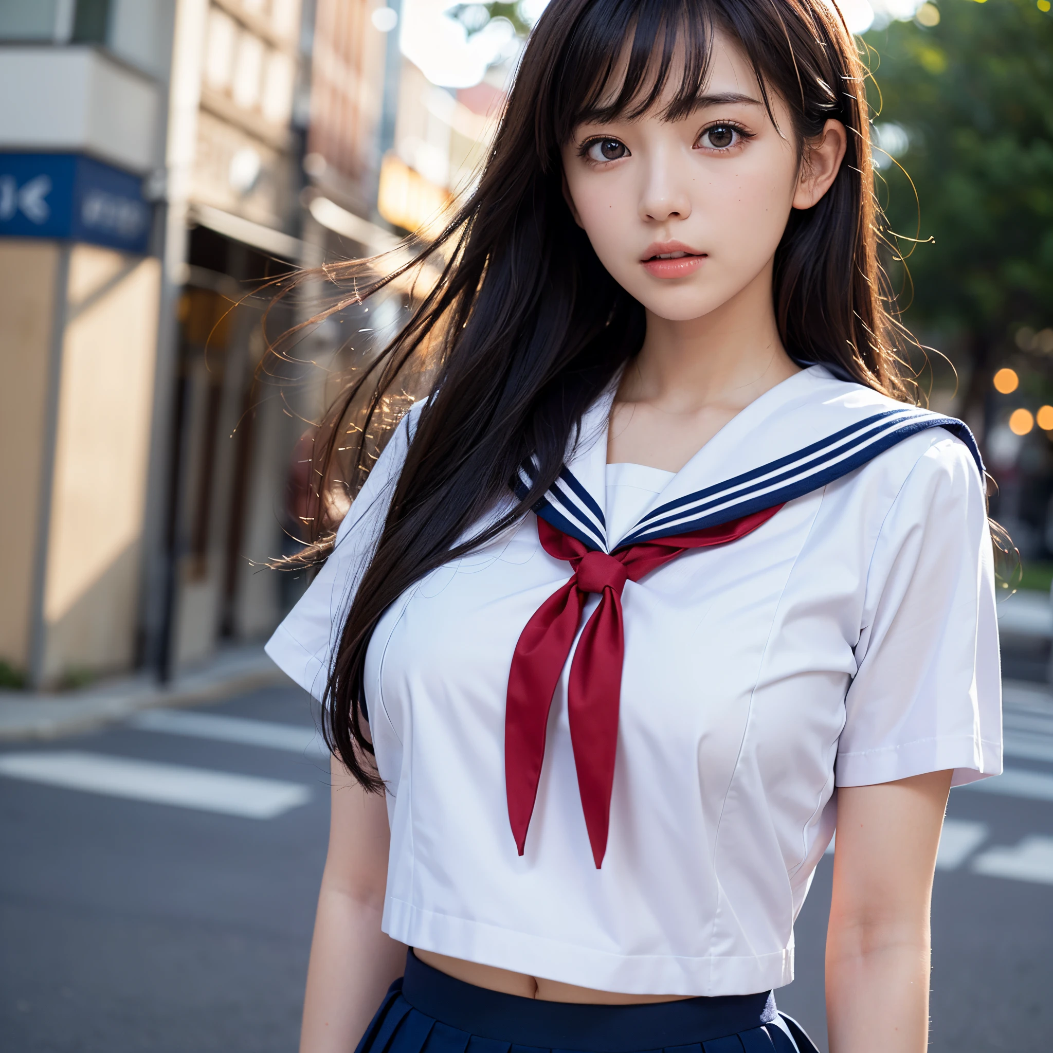 (masutepiece, Best Quality:1.2), 8K, Official art, Raw photo,  (Upper body, Sailor Uniform,:1.4), a beauty girl, Idol face, pleatedskirt, ,  ((Colossal tits))Short sleeve,  Cinematic lighting, Detailed face, Bokeh background, 1 girl in　(Detailed, hightquality, realistic depiction of eyes:1.3)