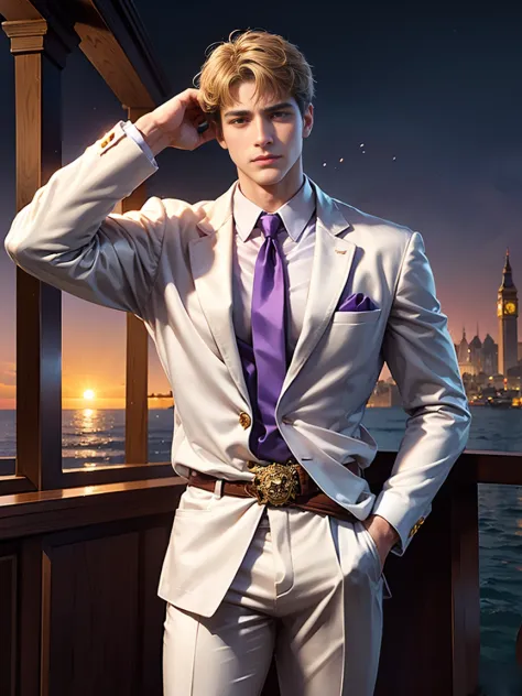 Constantine the Great, the reigning Roman Emperor。one mature man。he is wearing a high quality white suit。dark purple tie。Light p...