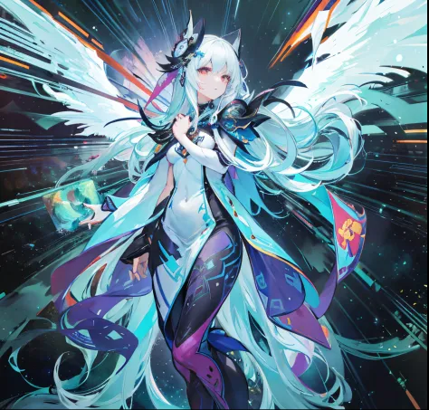 Standing girl with long white hair and detailed face of the universe on the background