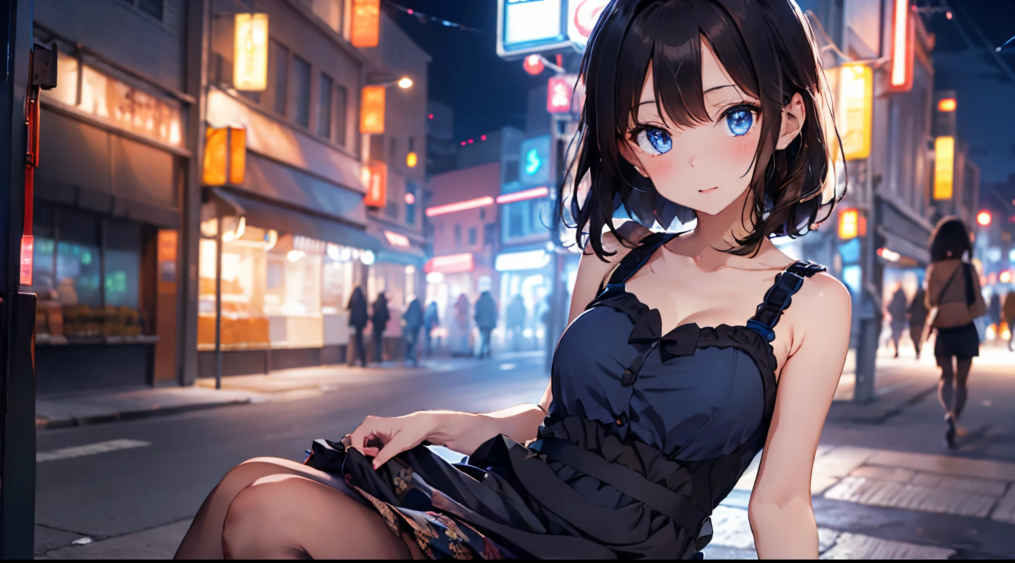 1 garota,cabelo preto acastanhado curto,olhos azuis, usando vestidos Kawaii,Cidade de néon noturno,
absurdos,alta resolução,ultra-afiado,8K,Obra de arte,olhando para o espectador,tiro no busto.