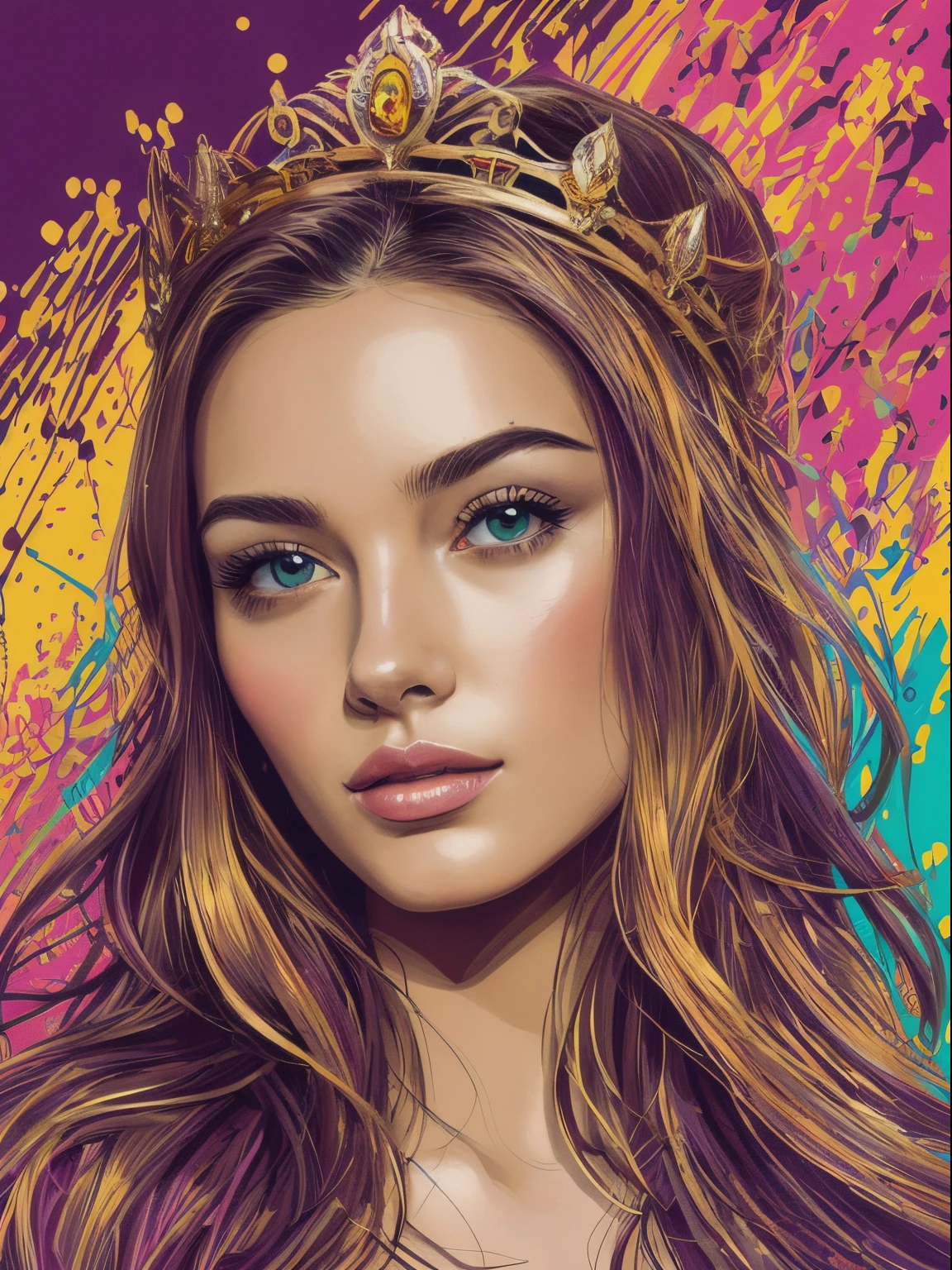 (nvinkpunk:1.2), (snthwve style:0.8), ((best quality)), ((masterpiece)), (detailed), beautiful, FISideRight, perfect face, abstract beauty, Create a digital art work in pop art style, luxury elegance bold with hint of feminine, happy & youthful, authentic, brave, princess wearing crown, (purple), (gold), centered, key visual, intricate, highly detailed, breathtaking beauty, precise lineart, vibrant, comprehensive cinematic, Carne Griffiths, Conrad Roset, vector art, Colorful graffiti illustration, (the most beautiful portrait in the world:1.5)