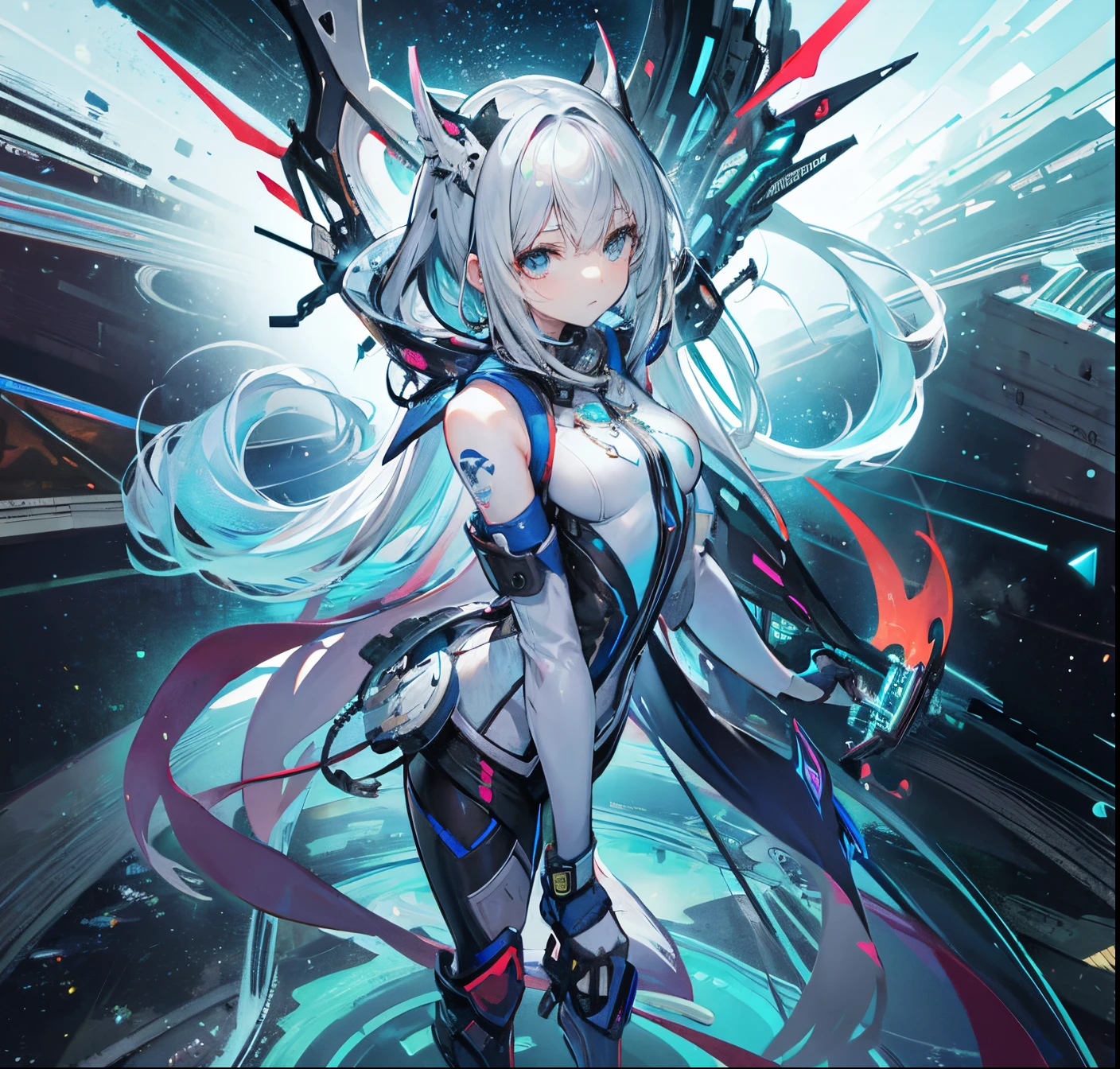 Standing Girl，Has gray hair，The background  the detailed face of the universe