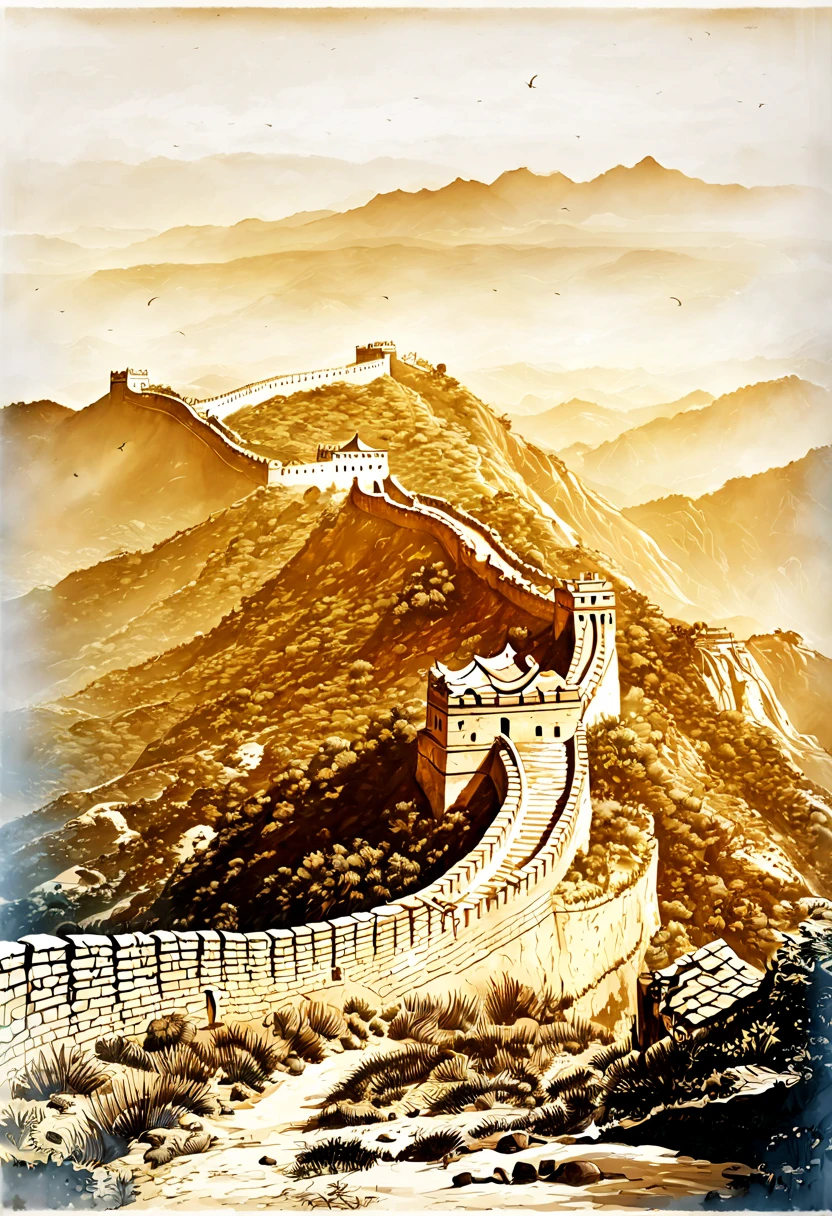 (最好的品質,4k,高解析度,傑作:1.2),超詳細,雄伟的长城,長的, 绕线结构,[雄偉的山地景觀],详细的砖块和瞭望塔,戲劇性的燈光,令人印象深刻的觀點,標誌性地標,古代防御,China's historical 傑作,威嚴的存在,令人惊叹的结构,[鮮豔的色彩:1.1],[寫實風格],[金色的陽光照亮了場景],雄偉的建築,丰富的历史和文化,世界遺產,令人印象深刻的工程壮举,永恒的象征,中国的象征,規模令人印象深刻,继续向远方延伸,无尽的防御工事,[山上植被茂盛],[远方的徒步旅行者探索路径],[和平的氣氛],蜿蜒的墙壁的鸟瞰图,崎嶇的地形,强大而坚固,[對細節的難以置信的關注],敬畏的游客,无与伦比的风景,力量和韧性的持久象征,提醒着中国古老的过去
