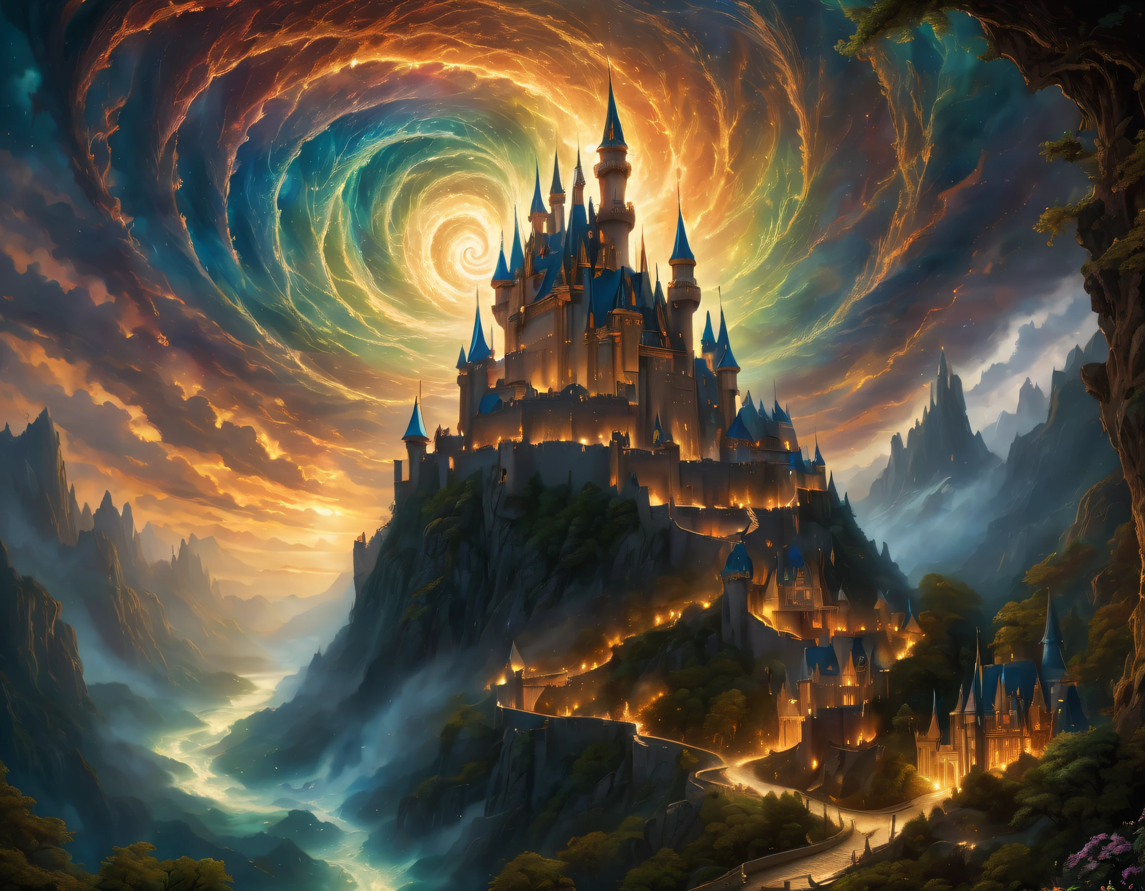 (((โปสการ์ดพร้อมภาพประกอบธีมหลัก:1.5))), (((โปสการ์ดมากมายรอบๆ กระแสน้ำวนที่หมุนวน:1.5))). (((A mythical dark fantasy castle with majestic และ powerful intricate color details:1.3))), intricately และ detailedly decorated, เวทมนตร์อันศักดิ์สิทธิ์ที่มีความแตกต่างอย่างน่าทึ่ง, Stunning very fine details that are fantastic และ enchanting, รายละเอียดที่ละเอียดมากน่าทึ่งมาก、Cybernetic wings และ intricate fairy-like details, A great contrast with the dark และ eerie atmosphere of the castle, ฝีแปรงคุณภาพสูงให้ความสมจริงเหมือนภาพถ่าย. มองจากมุมที่น่าทึ่ง, (((4K pixel ultra-detailed และ ultra-realistic masterpiece:1.3))), Highly intricate และ fine detail quality, Fantastic และ mysterious atmosphere, Light และ shadow interaction, ภาพเหมือนภาพถ่ายที่มีรายละเอียดดีเยี่ยม, รายละเอียดที่ดีอย่างน่าอัศจรรย์、สีสดใส, คุณสมบัติที่สร้างความน่าหลงใหล, ความงามอีกโลกหนึ่ง, grและ และ majestic々และ, Expertly crafted shadow และ highlight details,