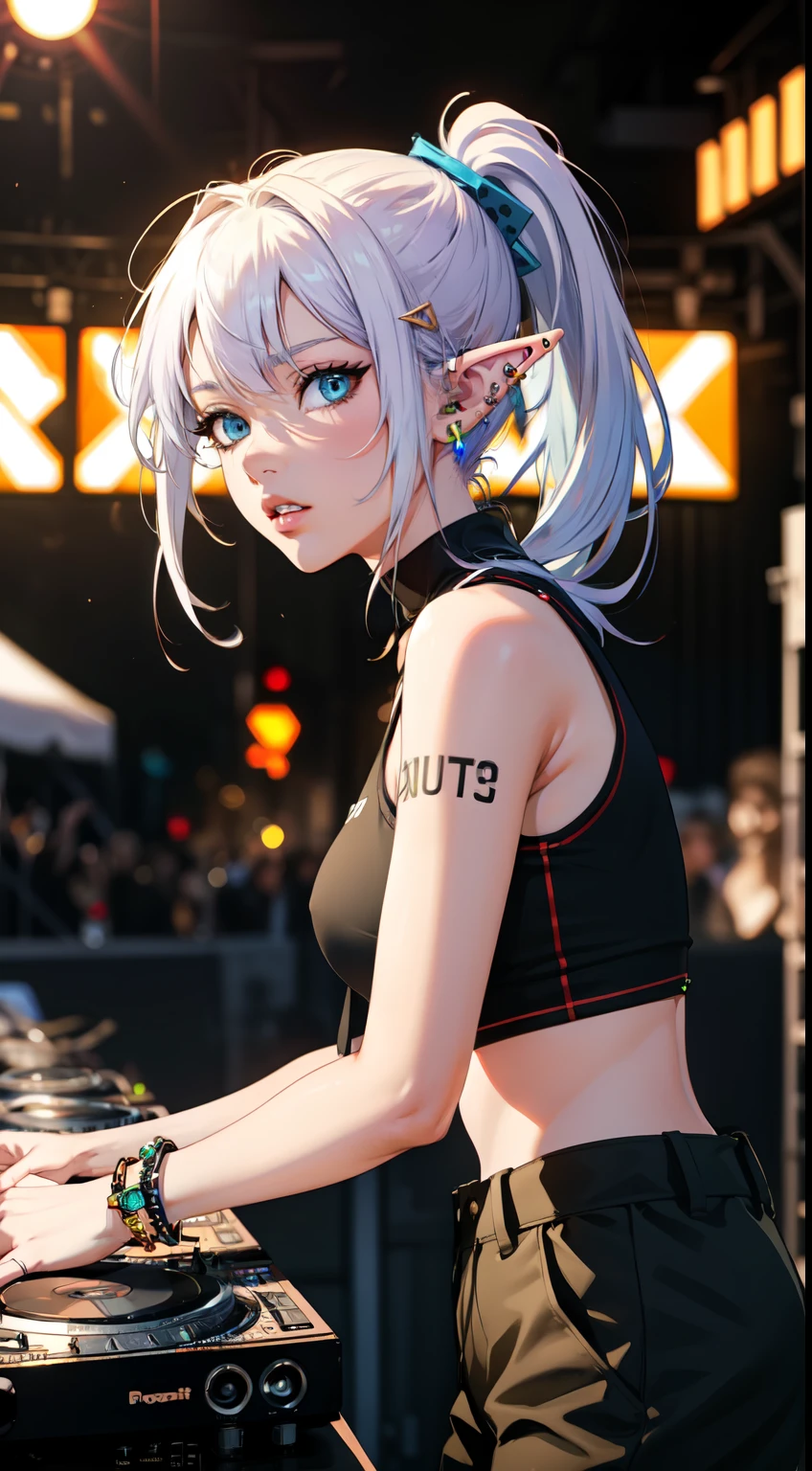 (masterpiece), (best quality), (ultra detailed), (illustration), Concept Art, Cinematic Lighting, Elf as DJ player, (elf), (1girl), beautiful detailed eyes, deep blue eyes, delicate beautiful face, (white hair, short ponytail, Bangs, sidelock), Cargo Pants and Tank Top, Various accessories, (ear piercing), punky style, on the stage, (depth of field:1.2), (blurry background:1.2),  art style by Yusuke Murata, by Artgerm, by nine_(liuyuhao1992)
