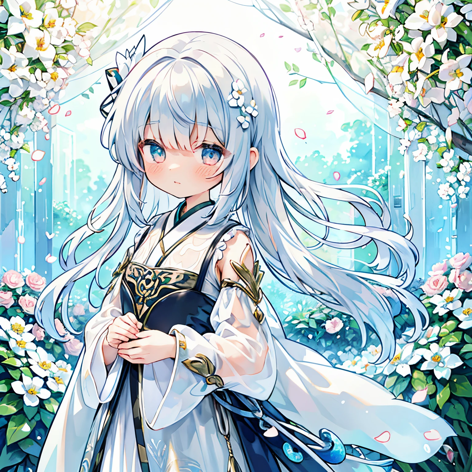 Transparent watercolor、girl with、Jewel Eyes,Beautiful arrangements and motifs、Originality、great depth of field, Transparency、mechanism、A look of surprise、silver motif、Overall silver、Twin-tailed、steel、Sleeves are see-through、white  shirt、Transparency、Lily of the valley、flower petals、the wind