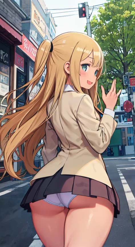 (( 1girl in)), NSFW、blush,(well-muscled)、Brown skin、Golden hair、the eyes are orange、double tooth、big butt in the shape of a tree))、(((thick thighs)))、Sweat、:D、Long hair、((Unkempt hair))、School uniform、Red mini skirt、blues kajan、(Light blue striped panties)...