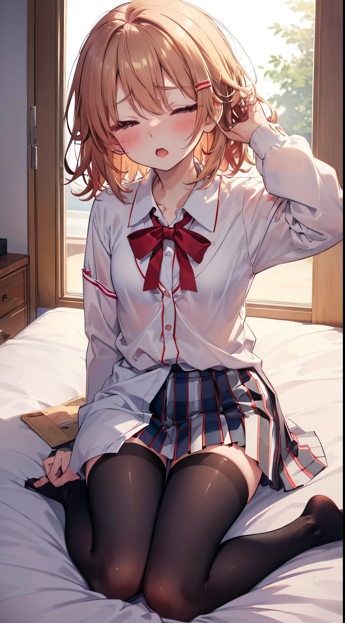 Anime girl sitting on a bed with her legs crossed - SeaArt AI