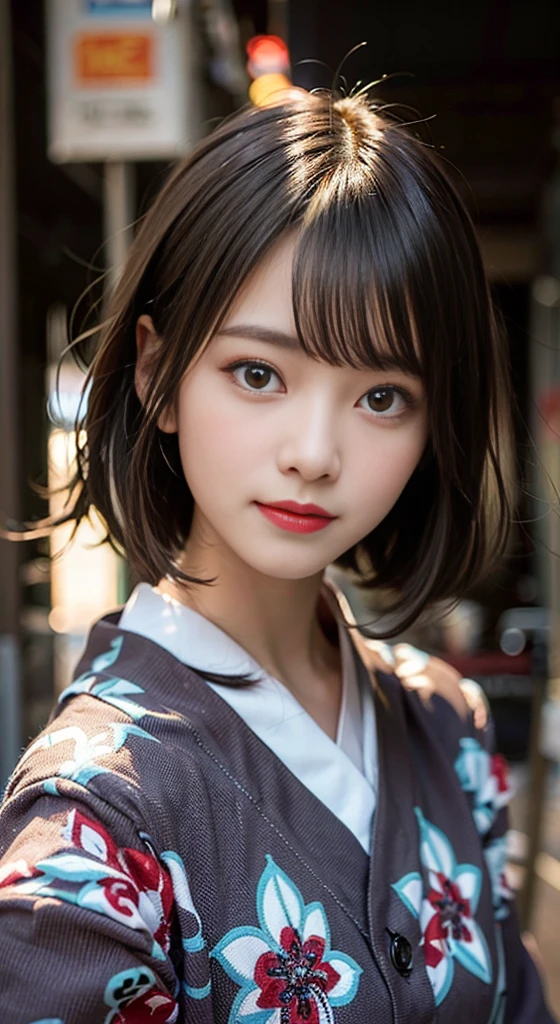 (8K, Raw photo:1.2), Detailed face and eyes,Best Quality, 超A high resolution, Highly detailed ,intricate detailes ,masutepiece ,Cute Girl , Soft cinematic light, Hyper-detailing,Sharp Focus, High quality, A dark-haired, bob cuts, Yukata