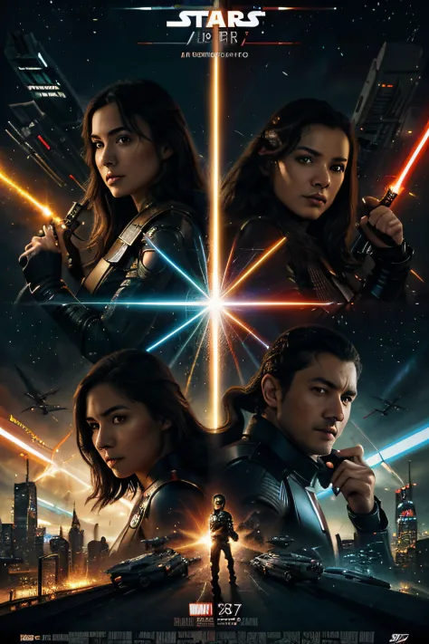 Movie poster where we see 3 characters., 2 hombres, uno de ellos joven, 25 years old, with an Asian face and the other a 40 year old man, Cara irlandesa, and among them a 30-year-old young woman with dark hair and a Latin-style face.. They are dressed in S...
