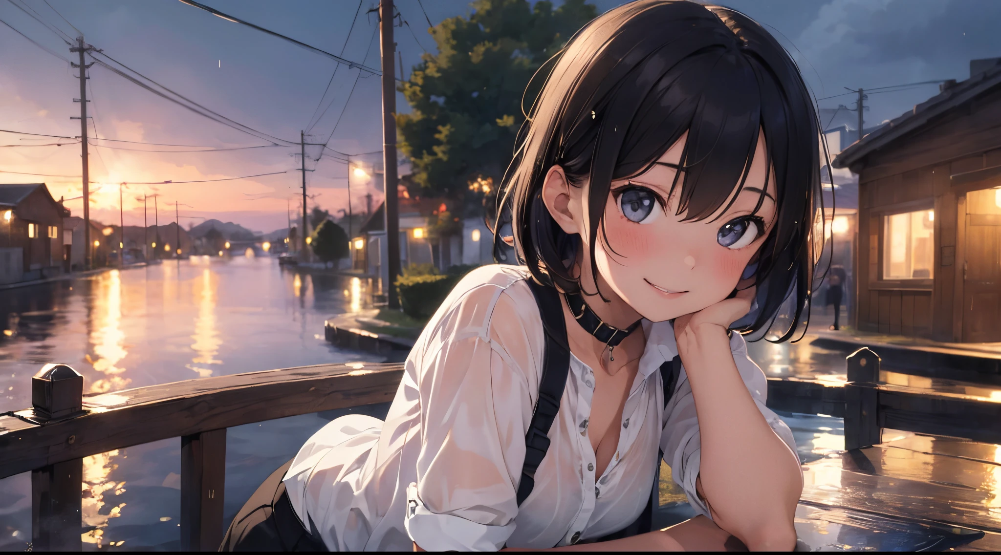 (8k, top quality, masterpiece: 1.2), (realistic, photorealistic: 1.37), super detailed, girl 1 person, 17 years old, solo, small breasts, beautiful detailed sky, Detailed café, night, (blush), (smile: 1.15), (closed mouth), small, (shirt with collar: 1.1), night, wet, office clothes, rain, white lace, (short hair: 1.2), floating hair NovaFrogStyle, random sexy poses,