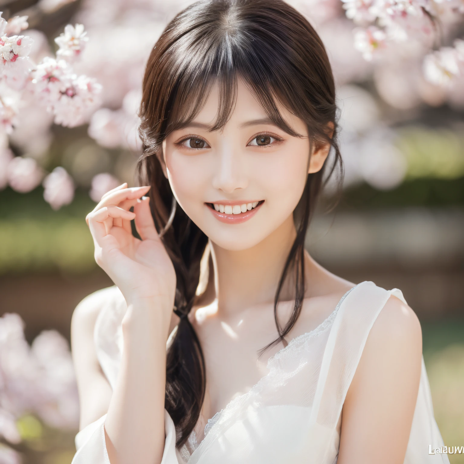 ((8k RAW photo:1.27)、of the highest quality、​masterpiece、超A high resolution:1.2) Photo of a cute Japanese woman (Beautiful:1.1))、Sparkling black diamond eyes、Detailed pupil description、Lustrous black hair、Delicate and glossy skin like silk、A smile with beautiful double teeth、Spring attire、Warm light、depth of fields、