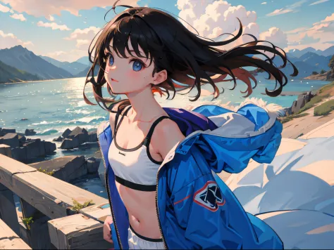 child，（​masterpiece，Highest Quality），Sportsbra，parka，A dark-haired，The wind is blowing