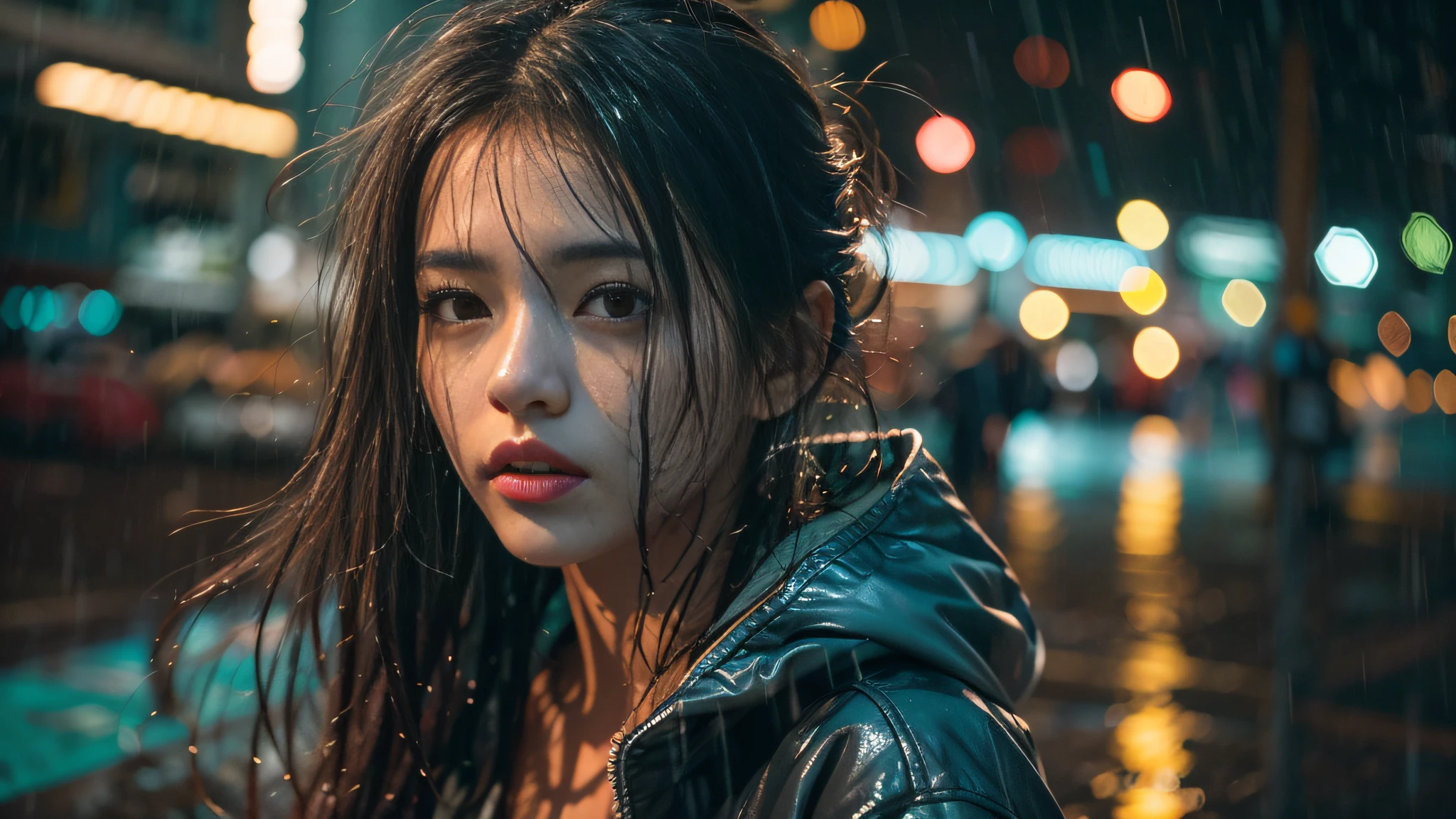 Best Quality,Portrait,Dark,Colorful,Night,Rain,Beautiful Girl,Detailed eyes,Detailed lips,Wet hair,Wet clothes,City lights,Wet pavement,shiny reflection,Neon light,shining drops,Vivid colors,Soft shadows,moody atmosphere,romantic,Expressive,emotional,Gentle gaze,Ethereal,lonely,Slightly blurred,cool tones,Glowing highlights,quiet street,dynamic compositions,Refreshing breeze, wetting hair