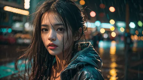 Best Quality,Portrait,Dark,Colorful,Night,Rain,Beautiful Girl,Detailed eyes,Detailed lips,Wet hair,Wet clothes,City lights,Wet p...