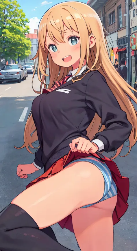 (( 1girl in)), NSFW、blush,(well-muscled)、Brown skin、Golden hair、the eyes are orange、double tooth、big butt in the shape of a tree))、(((thick thighs)))、Sweat、:D、Long hair、((Unkempt hair))、School uniform、Red mini skirt、blues kajan、(Light blue striped panties)...