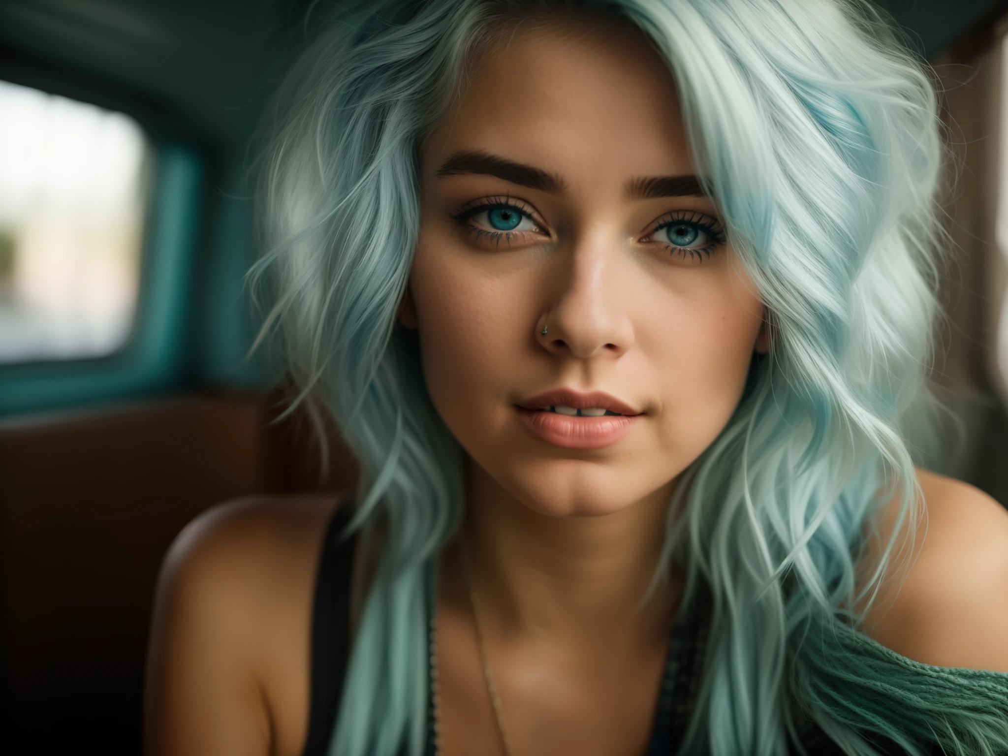 A close up of a woman with blue hair and a black top - SeaArt AI