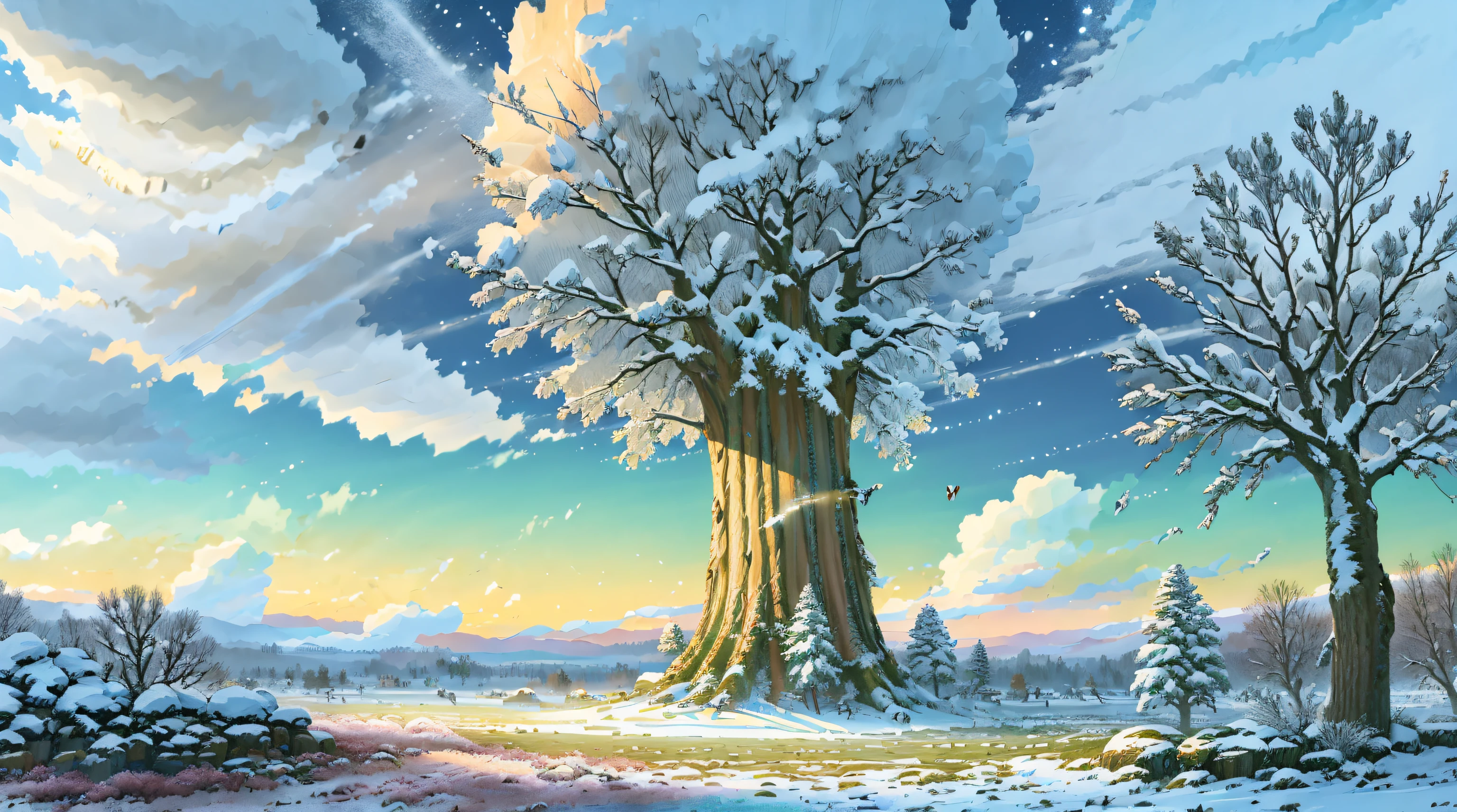 Bright, (((Cartoon style))), fantastic giant oak tree in a winter meadow in the center of the image , (Winter sunny day), illustration for children, Fantasy art, Masterpiece, Blizzard in the background, winter, Falling snow, Detailed, Intricate, 4k, Art