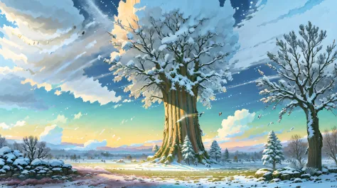 Bright, (((Cartoon style))), fantastic giant oak tree in a winter meadow in the center of the image , (Winter sunny day), illust...
