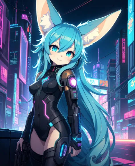 (cyberpunk style:1.2), (the anime, cute), (fluffy fluffy anthro:1), fennec, (very long curly blue hair, the woman, detailed face...