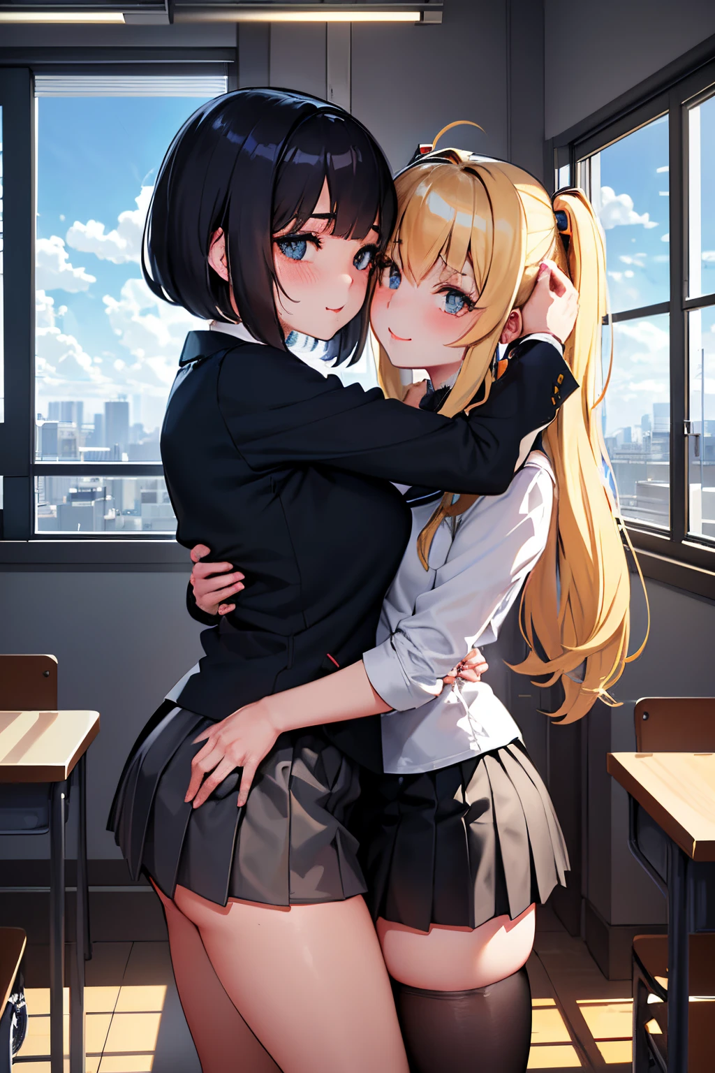 ((black knee-high)) (((mini skirts)))"Draw a picture of two girls, bobcut girl and twintail hair girl, around the age of 12, hugging each other while gazing into each other's eyes.  girl are wearing cute  feminin school uniforms.
She has a warm and loving expression on her face, with her eyes locked onto the bobcut girl's,
She has a soft and
affectionate expression on her face, with her eyes locked onto the twintail girl'
Both girls are standing in a school classroom
There is a blackboard and clock on the wall.
and desks and chairs are lined up
There is a large window with a view of the residential area outside They are embracing each other tightly, with their foreheads touching and They are kissing passionately. The atmosphere is peaceful and intimate.
"((yamanosusume)) (RozenMaiden)
Super realistic!, Photorealistic. by Alfons Maria Mucha by UnrealEngine5, depth of field,

Open window with city view
Mischievous grin on her face,NSFW((Blue sky and realistic clouds outside the window))