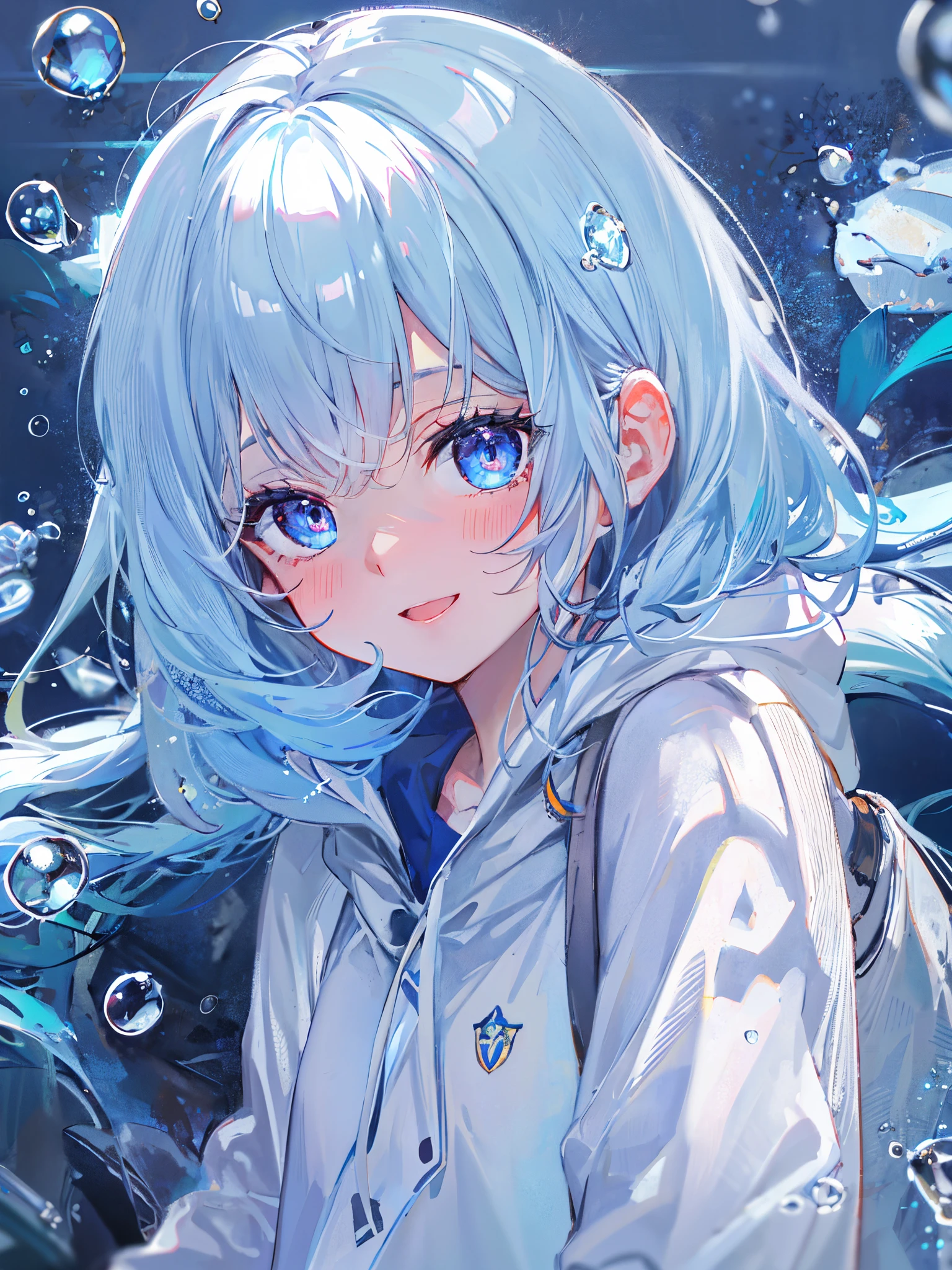 ((top-quality)), ((​masterpiece)), ((ultra-detailliert)), (Extremely delicate and beautiful), girl with, report, cold attitude,((White hoodie)),She is very(relax)with  the(Settled down)Looks,depth of fields,Evil smile,Bubble, under the water, Air bubble,Underwater world bright light blue eyes,inner color with bright gray hair and light blue tips,,,,,,,,,,,,,,,,,,,,,,Cold background,Bob Hair - Linear Art, shortpants、knee high socks、White uniform like 、Light blue ribbon ties、Clothes are sheer、The hand in my right pocket is like a sapphire,Fronllesse Blue, A small blue light was floating、fantastic eyes、selfy,Self-shot、Bangs fall on the eyes, give a sexy impression.