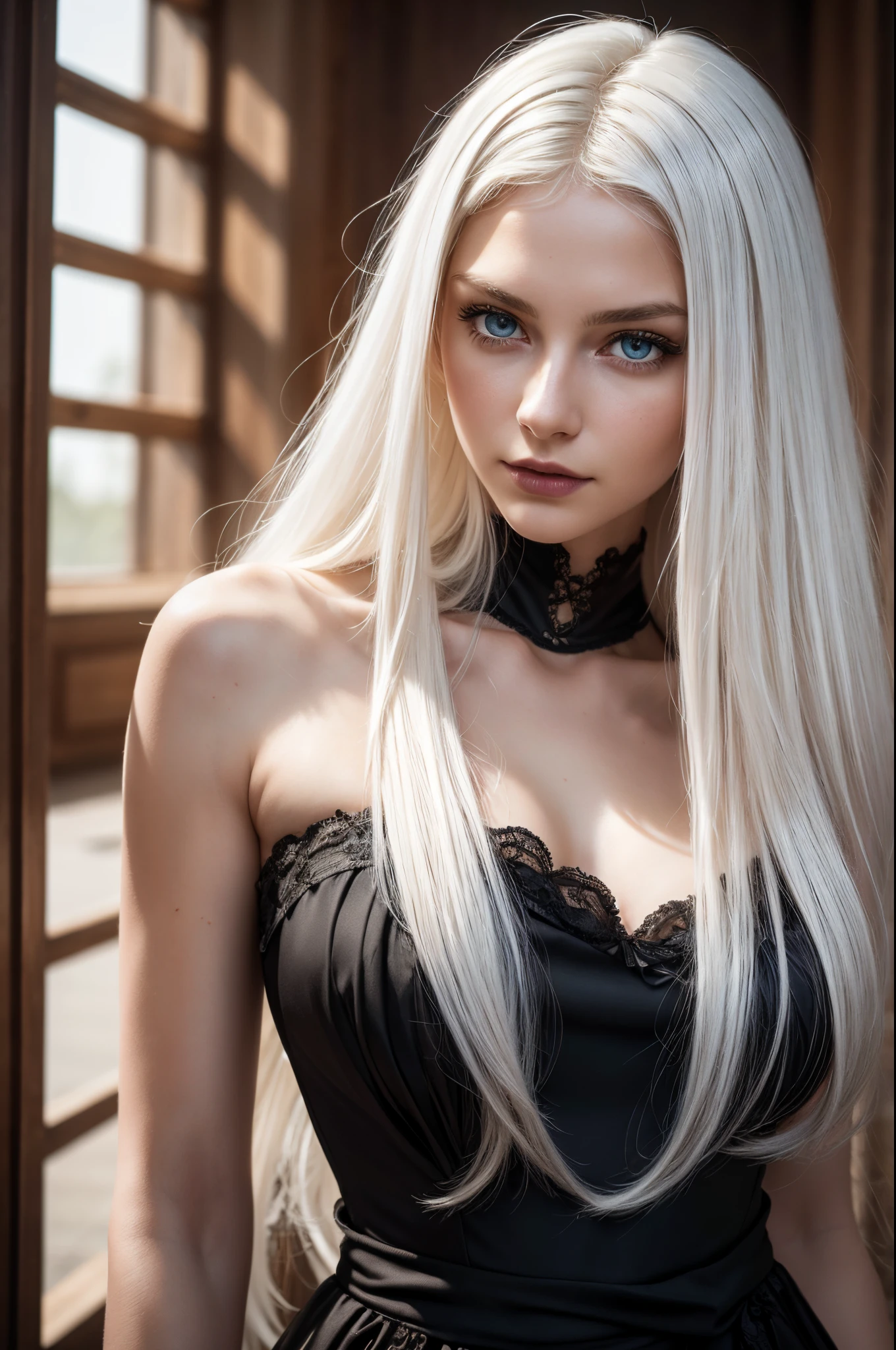 Pure white hair, Pure white hair, (Waist-length hair), glowing hair, Detailed hair, Blue Eyes, beautidful eyes, extremely detailed eyes and face, Beautiful detailed eyes, Ultra-detailed, light on the face, Fair skin, a 18 year old girl, Masterpiece, Beautiful European Girl, (Black gothic dressedium chest with high detail), (Perfect Body), (white curly hair 1.3), exterior, (skin texture:1.1), Best Quality, The ultra-Highres, Raw foto, nikon d850, Back lighting, rimlight, Bright sunlight, film grain:1.2, (warm hue, warm tone:1.2), (colored photo)