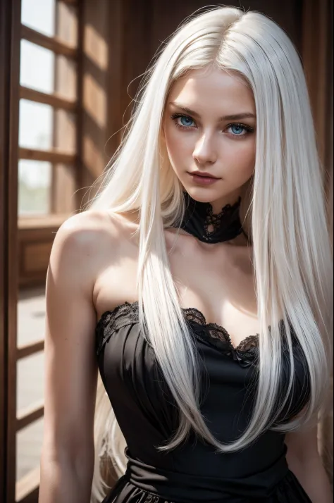 Pure white hair, Pure white hair, (Waist-length hair), glowing hair, Detailed hair, Blue Eyes, beautidful eyes, extremely detail...